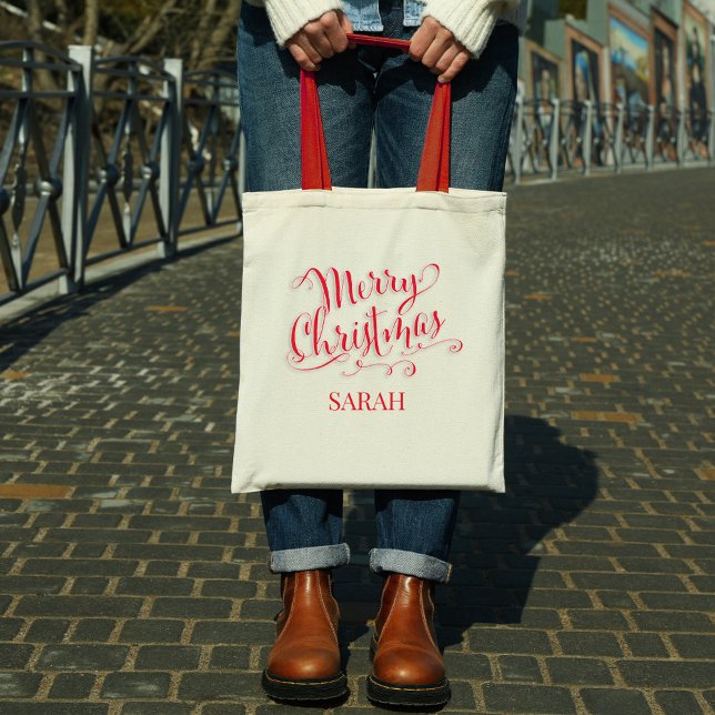 Merry Christmas Script Red Calligraphy Custom Tote Bag (Stylish calligraphy script in festive holiday red. )