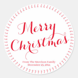 Merry Christmas script red custom family name Classic Round Sticker