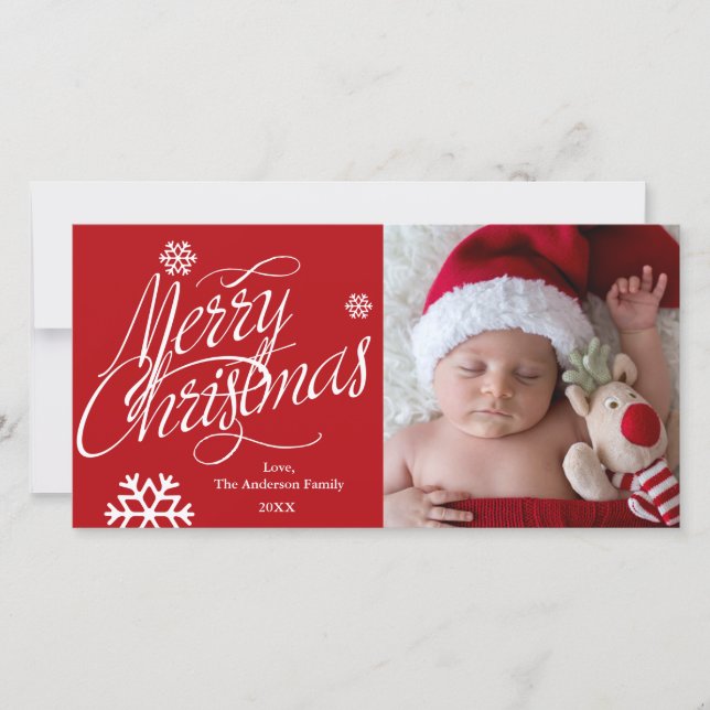 MERRY CHRISTMAS Script Red Holiday Photo Card (Front)