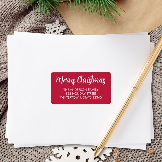 Merry Christmas Script Red Return Address Label (Creator Uploaded)