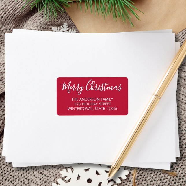 Merry Christmas Script Red Return Address Label (Creator Uploaded)
