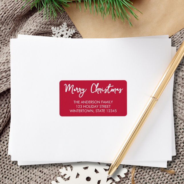 Merry Christmas Script Red Return Address Label (Creator Uploaded)