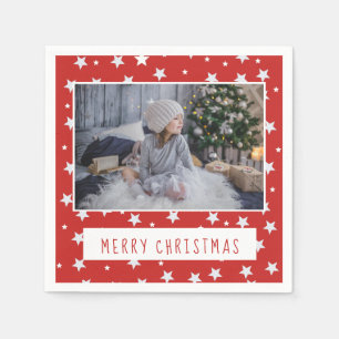 Merry Christmas Script Red White Stars Photo Napkin