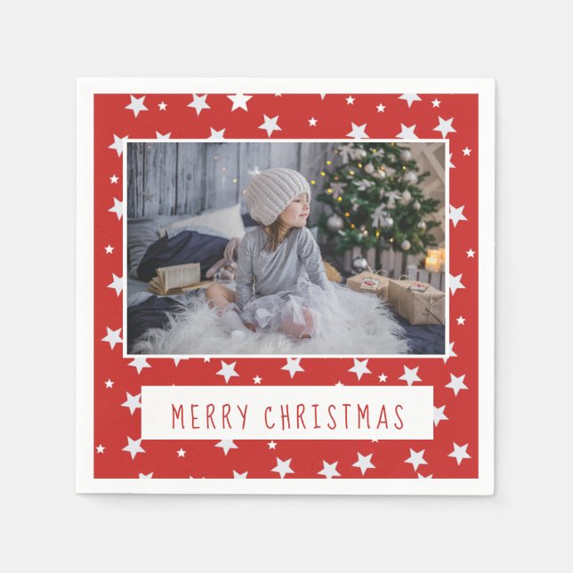 Merry Christmas Script Red White Stars Photo Napkin (Front)