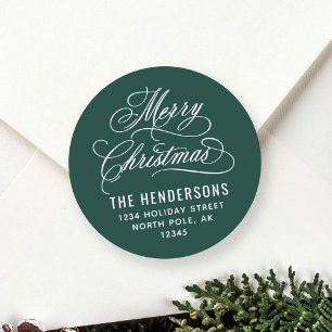 Merry Christmas Script Return Address Green Classic Round Sticker