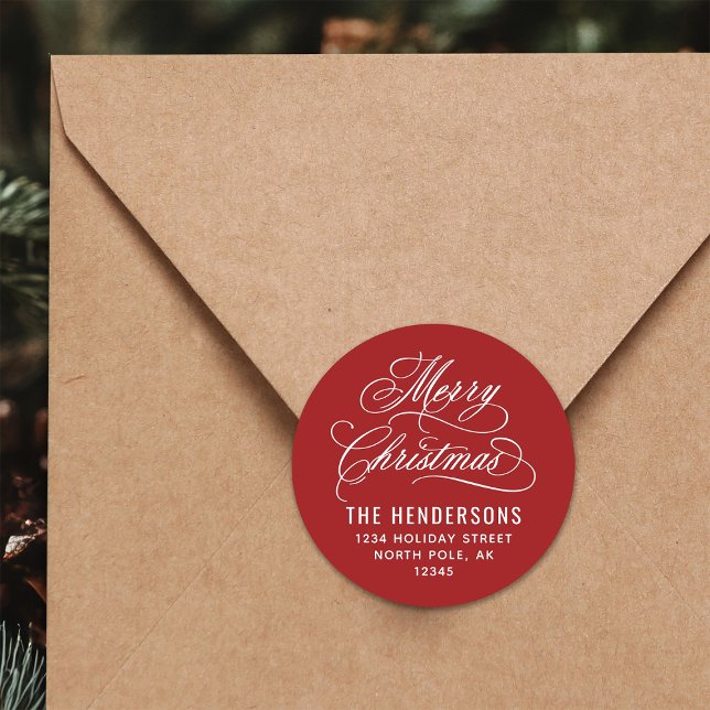 Merry Christmas Script Return Address Red Classic Round Sticker (Creator Uploaded)