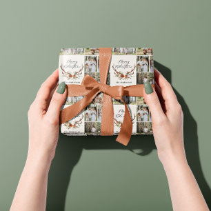 merry christmas script rustic antler photo wrapping paper