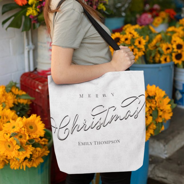 Merry Christmas Script Silver Snowflake Custom Tote Bag (Silver winter calligraphy subtle snowflakes pattern tote bag)
