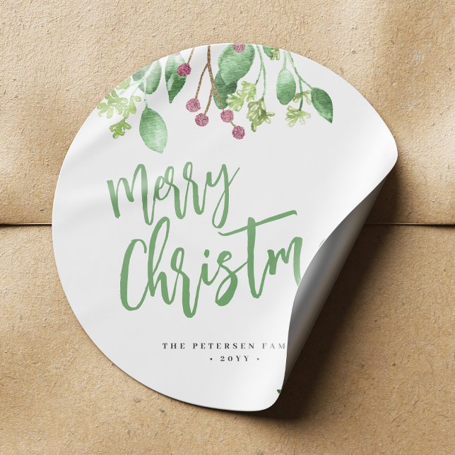Merry Christmas script simple modern elegant Classic Round Sticker (Creator Uploaded)