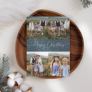 Merry Christmas Script Slate Blue Multi Photo Holiday Card