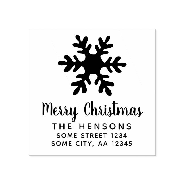 Merry Christmas Script Snowflake Family Address Rubber Stamp (Imprint)