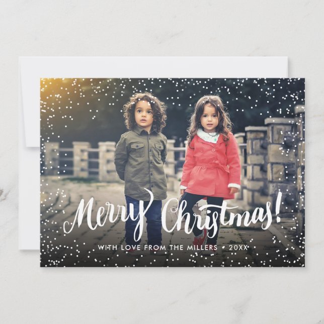 Merry Christmas Script Snowflakes Personalized Holiday Card (Front)