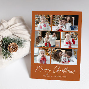 Merry Christmas Script Terracotta 6 Photo Collage Holiday Card
