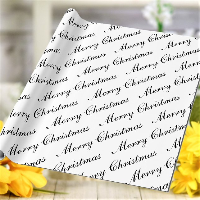 Merry Christmas Script Text Black and White Wrapping Paper (Creator Uploaded)