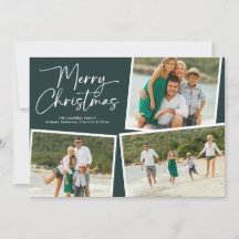Merry Christmas Script Three Photo Collage Green