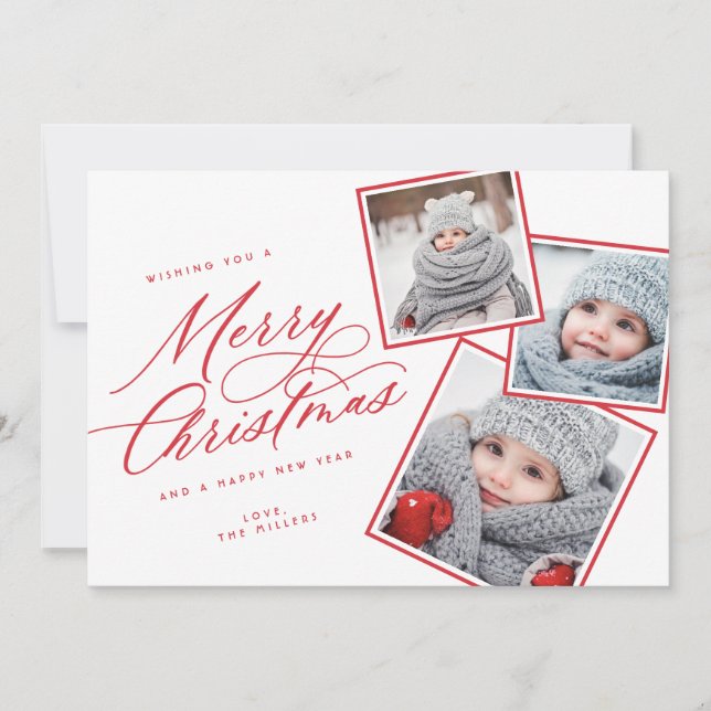 Merry Christmas Script Titled Multi-Photo  RED Holiday Card (Front)