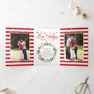 Merry Christmas script typography and wreath photo Tri-Fold Holiday Card