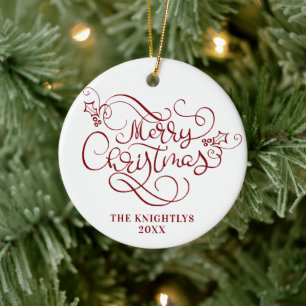 Merry Christmas Script Typography Name Red White Ceramic Ornament