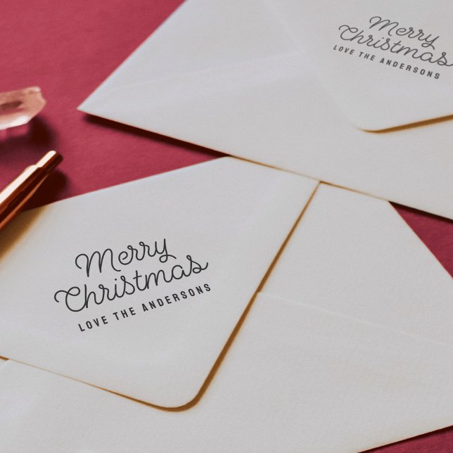 Merry Christmas Script typography Name Self-inking Stamp (Self Inking family name Merry Christmas retro script holiday rubber stamp )