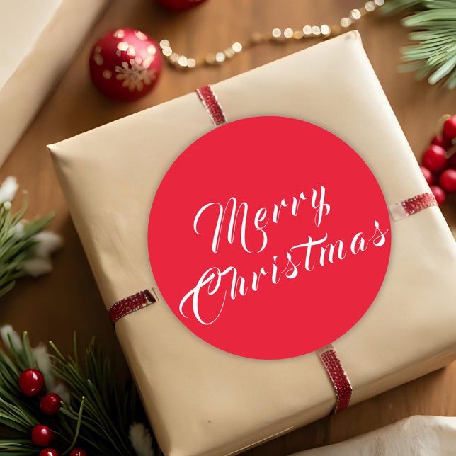 Merry Christmas Script White Red Holiday Classic Round Sticker (Creator Uploaded)