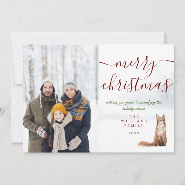 Merry Christmas Script Winter Fox Photo Holiday Card (Front)