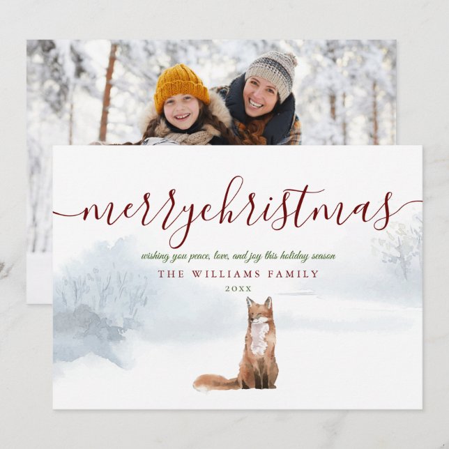 Merry Christmas Script Winter Fox Photo Holiday Card (Front/Back)