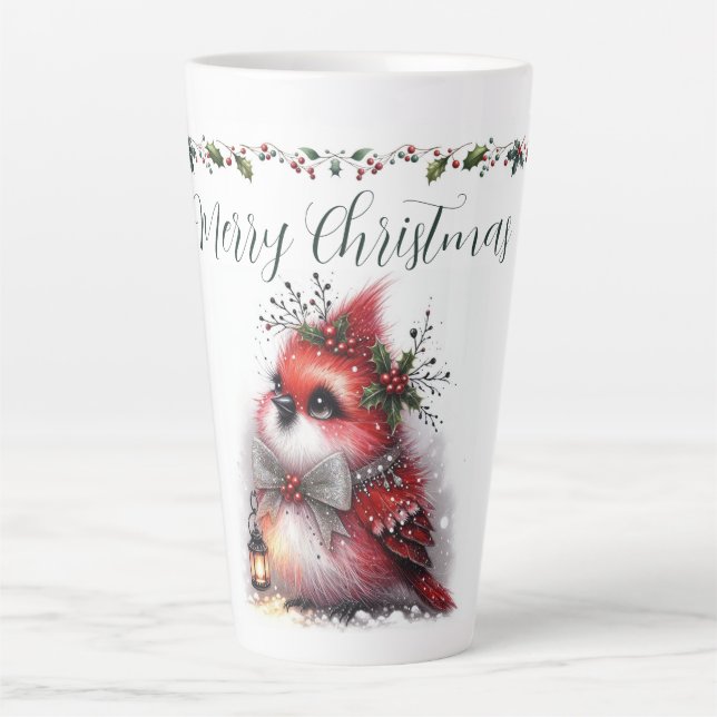 Merry Christmas Script with Whimsical Holiday Bird Latte Mug (Front)