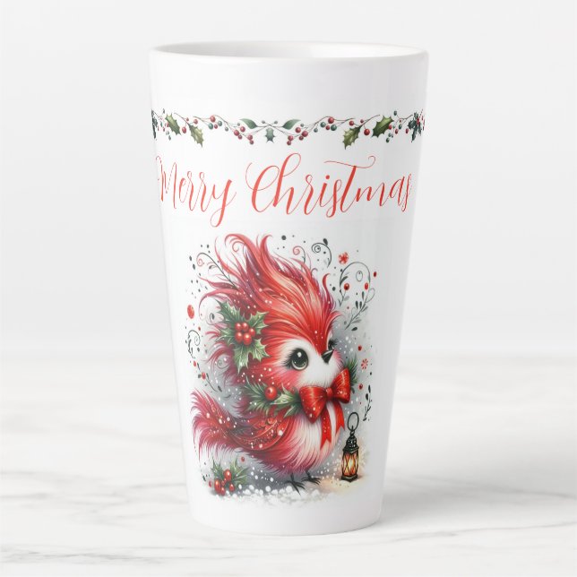 Merry Christmas Script with Whimsical Holiday Bird Latte Mug (Front)