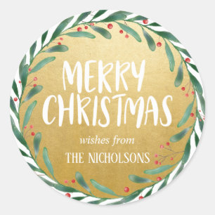 Merry Christmas Script Wreath Faux Gold Foil Classic Round Sticker