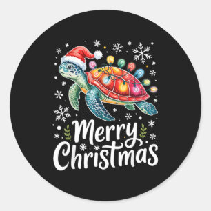 Merry Christmas Sea Turtle Christmas Lights Santa  Classic Round Sticker