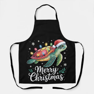 Merry Christmas Sea Turtle Santa Hat String Lights Apron