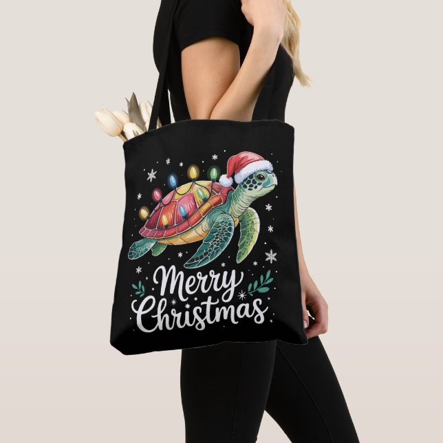 Merry Christmas Sea Turtle Santa Hat String Lights Tote Bag (Close Up)