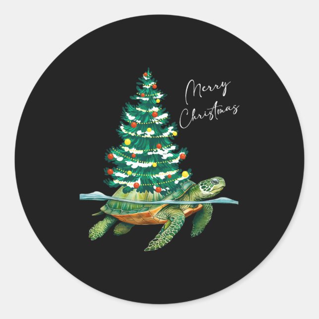 Merry Christmas Sea Turtle Xmas Tree Lights Pjs Me Classic Round Sticker (Front)
