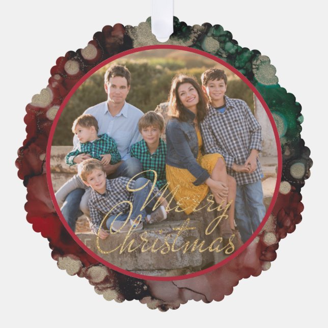 Merry Christmas Shades of Greens and Reds Template Ornament Card (Front)