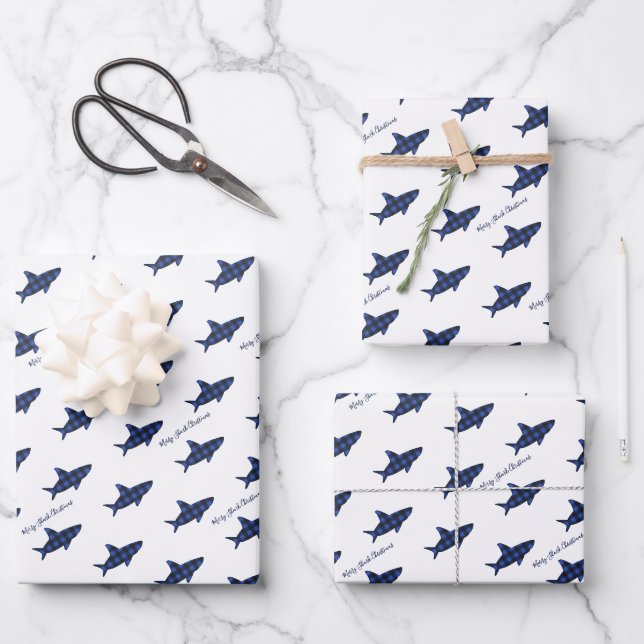 Merry Christmas Shark Blue Black Buffalo Plaid Wrapping Paper Sheet (Front)