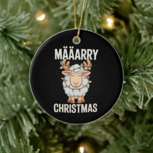 Merry Christmas Sheep Reindeer Antlers Xmas Lights Ceramic Ornament
