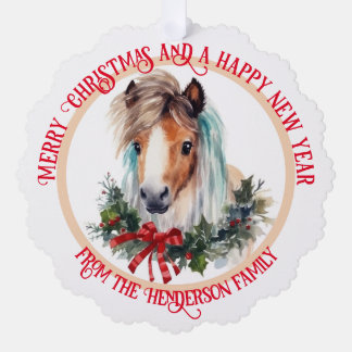 Merry Christmas Shetland pony and Xmas wreath Ornament Card