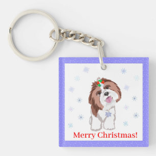 Merry Christmas Shih Tzu With Snowflake  Keychain