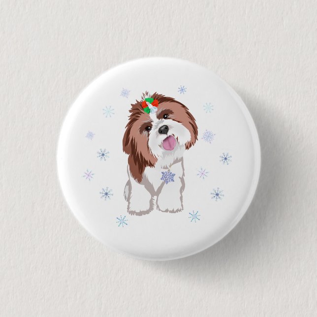 Merry Christmas Shih Tzu With Snowflake  Keychain 1 Inch Round Button (Front)