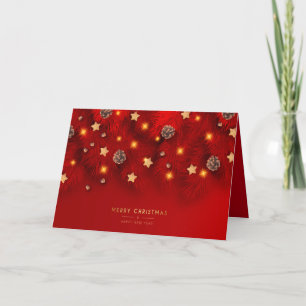 Merry Christmas Shiny Light Pine Cone Red New Year Holiday Card