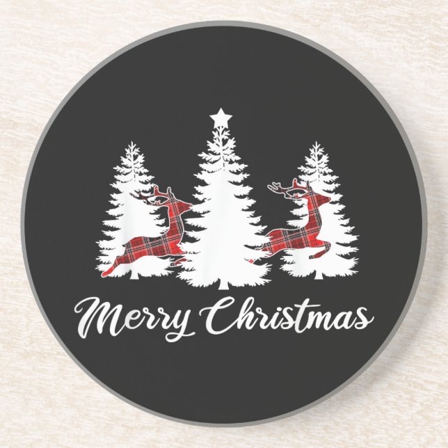Merry Christmas Shirt for Women Buffalo Plaid Rein Coaster (Front)