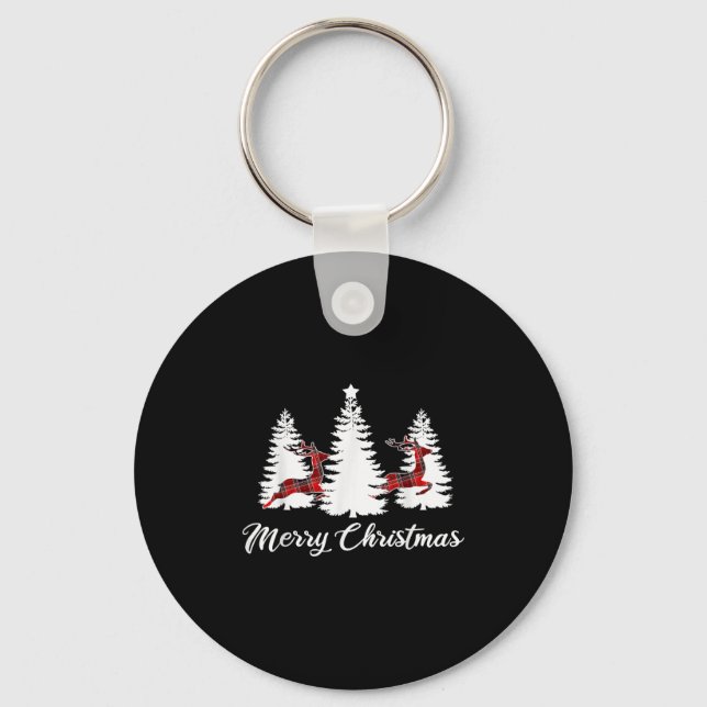 Merry Christmas Shirt For Women Buffalo Plaid Rein Keychain (Front)