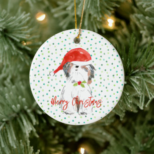 Merry Christmas ShiTzu Dog Festive Santa Hat Holly Ceramic Ornament