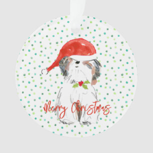 Merry Christmas ShiTzu Dog Festive Santa Hat Holly Ornament