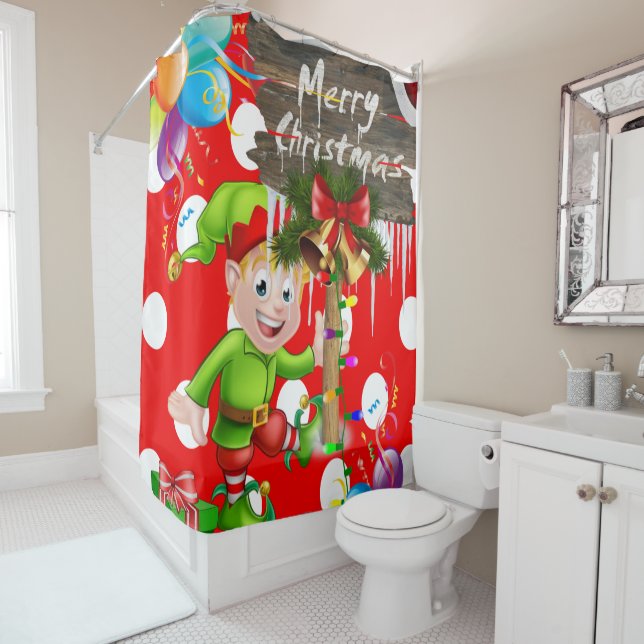 Merry Christmas Shower Curtain, Elf (In Situ)