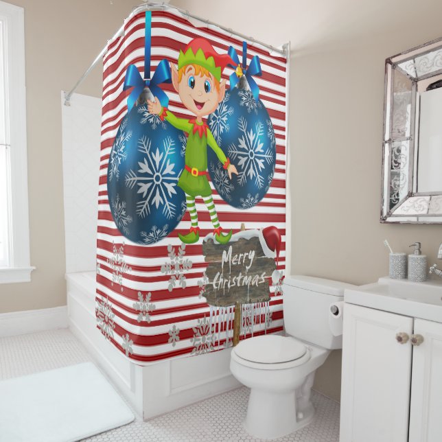 Merry Christmas Shower Curtain, Elf Stripe (In Situ)