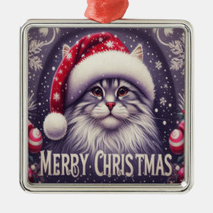 Merry Christmas Siberian Cat, Xmas Santa Kitten Metal Ornament