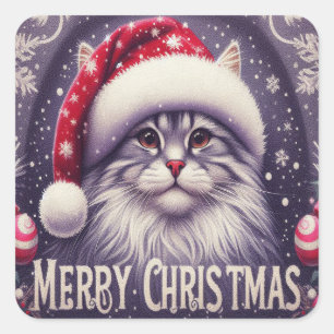 Merry Christmas Siberian Cat, Xmas Santa Kitten Square Sticker