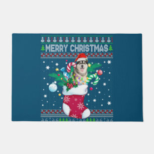 Merry Christmas Siberian Husky Dog In Sock Funny Doormat
