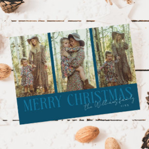 Merry Christmas Signature Multi Photo Teal Holiday Card